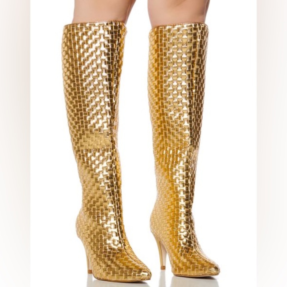 Azalea Wang Metallic Gold Woven Leather Knee High Boots